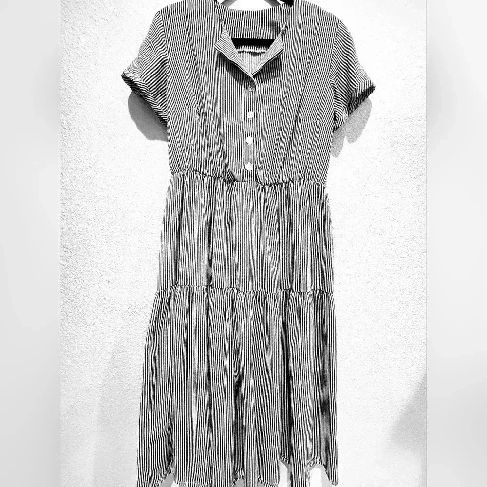 Midi Dress  Grey and White Pin-Striped Tiered Ruffle Handmade Size M
